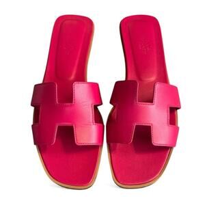 Hermes Oran Pink Sandals Slides Shoes 39.5 Leather Flats